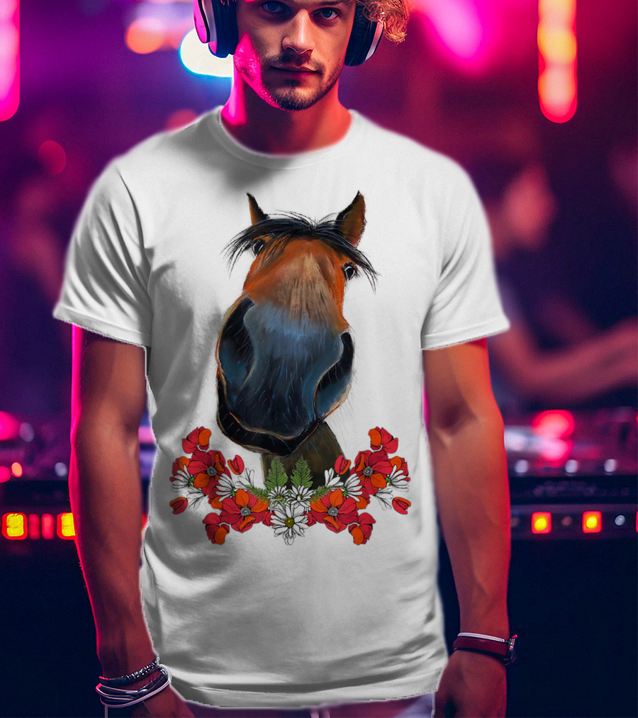 Adorable Horse With Red And White Flowers T-Shirt