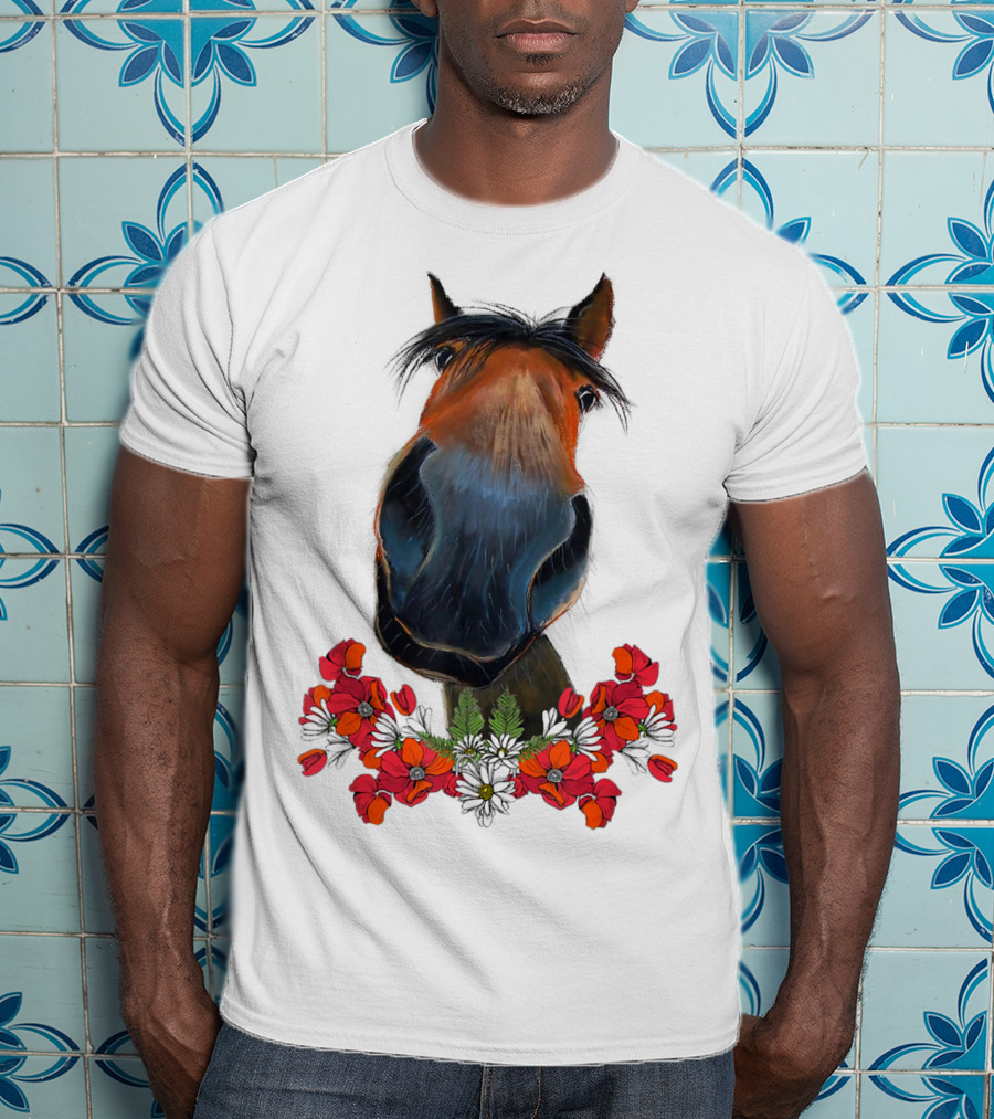 Adorable Horse With Red And White Flowers T-Shirt
