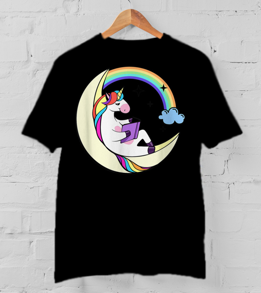Unicorn Reading Book On Moon With Rainbow And Stars T-Shirt