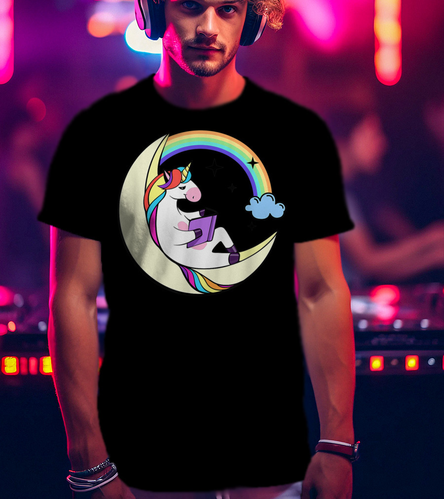 Unicorn Reading Book On Moon With Rainbow And Stars T-Shirt