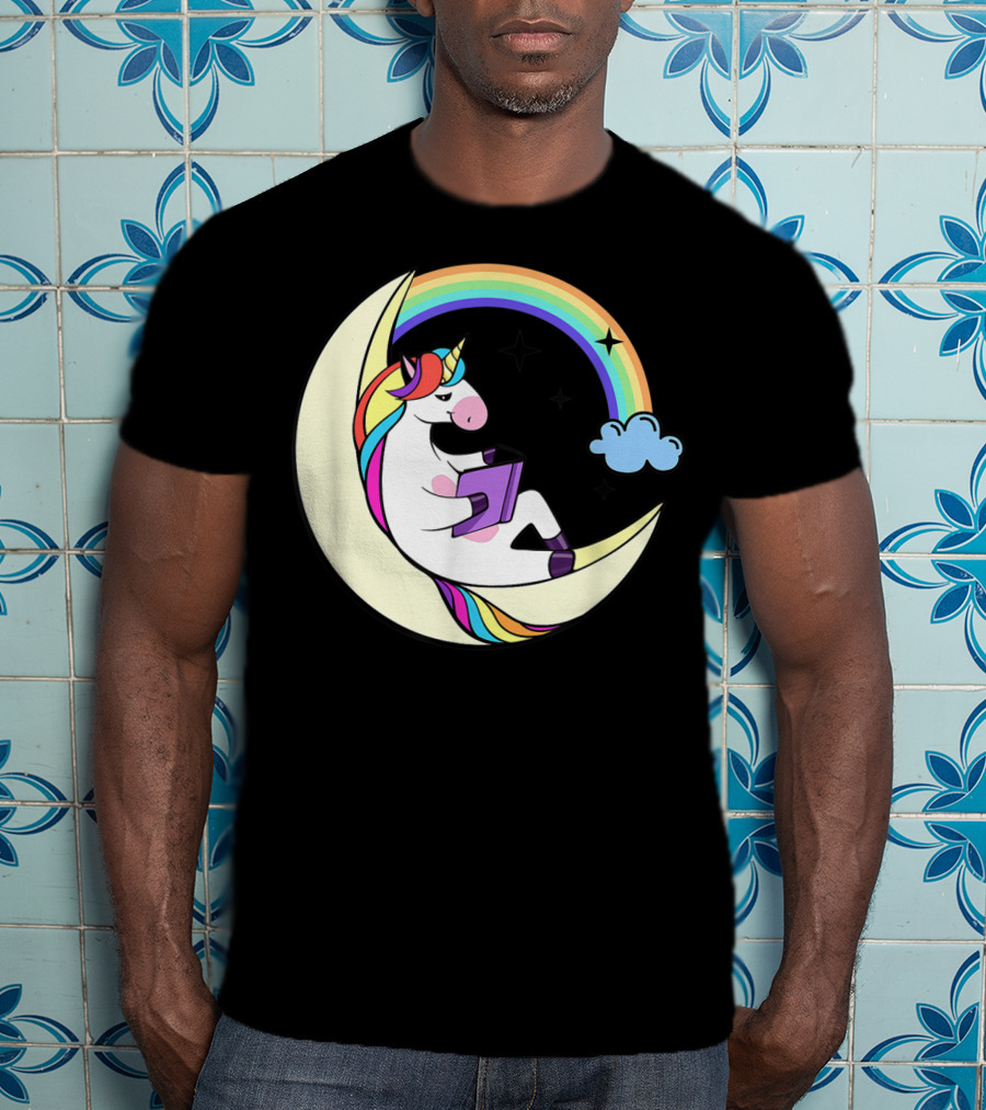 Unicorn Reading Book On Moon With Rainbow And Stars T-Shirt