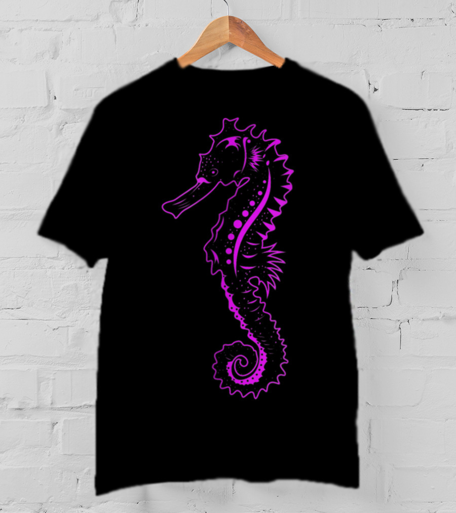 Cute Seahorse Sea Horse Neon Purple Black Sea Creature T-Shirt
