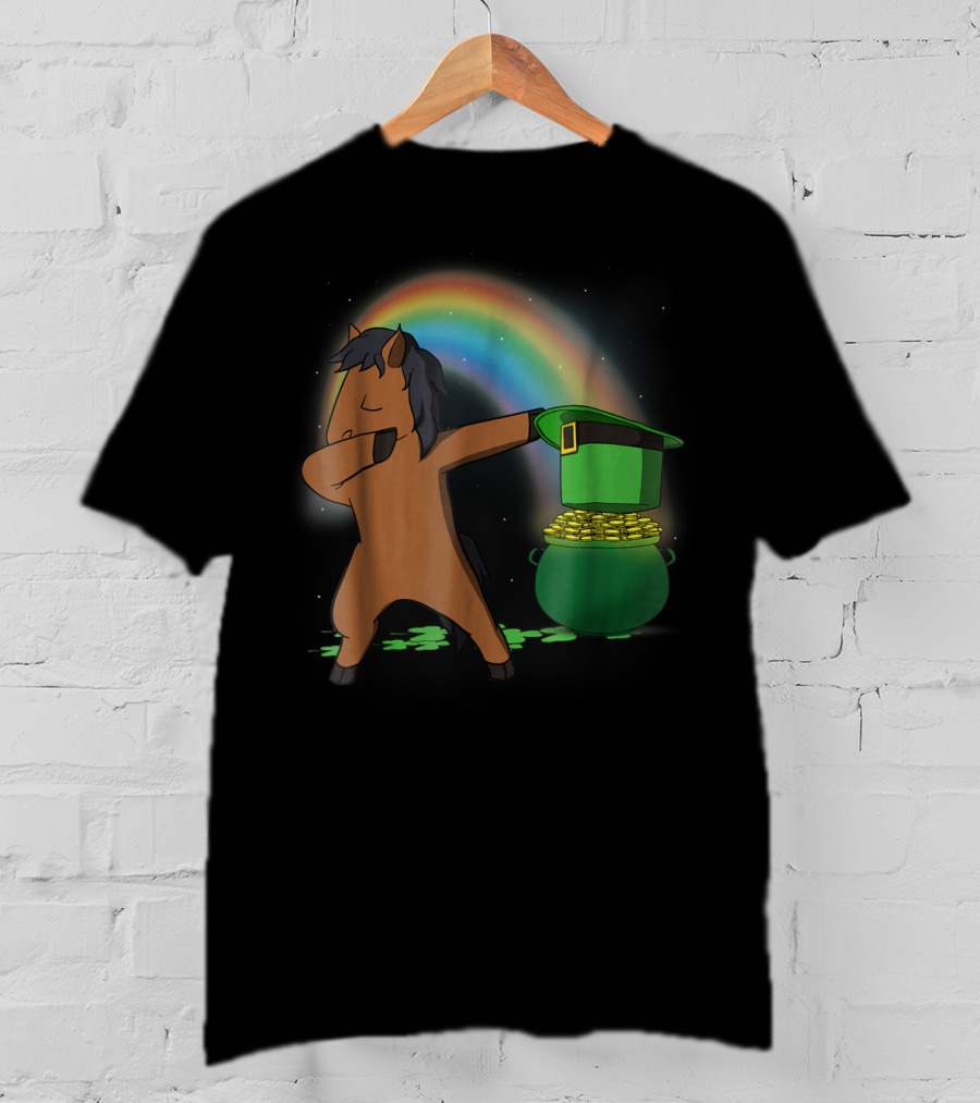 Dabbing Horse Leprechaun With Pot Of Gold And Rainbow T-Shirt