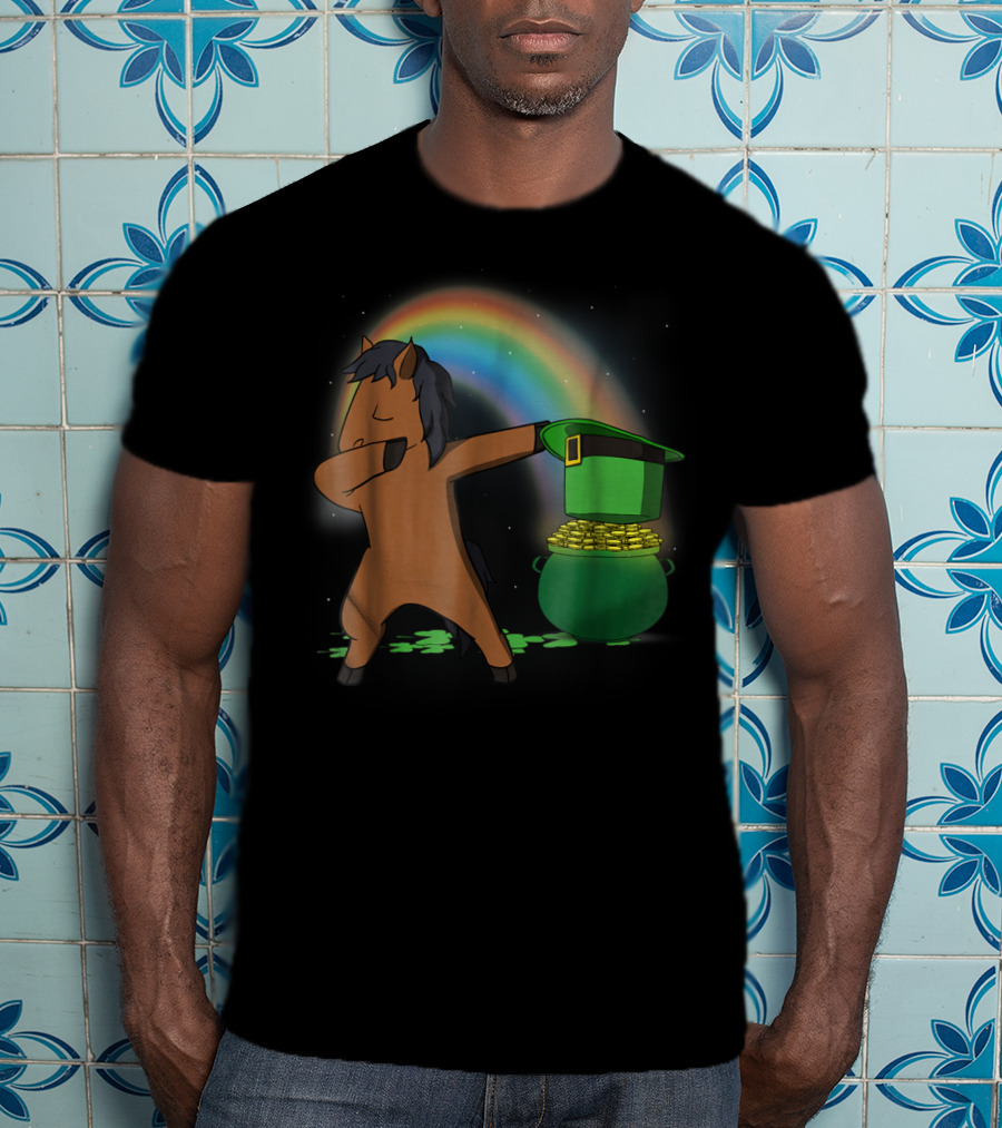 Dabbing Horse Leprechaun With Pot Of Gold And Rainbow T-Shirt