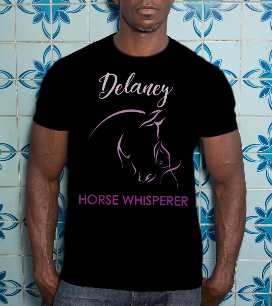Delaney Horse Whisperer Personalized Name Purple Horse Outline T-Shirt