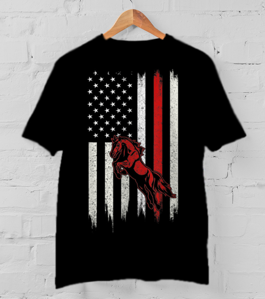 Distressed American Flag With Red Horse T-Shirt