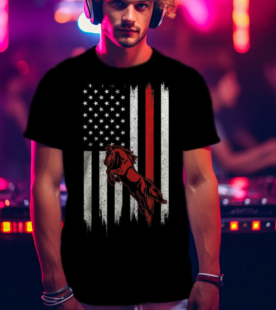 Distressed American Flag With Red Horse T-Shirt