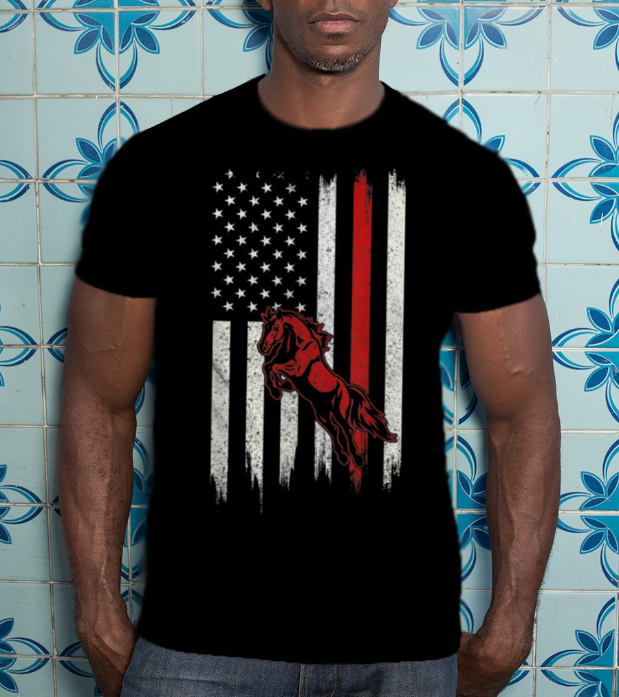 Distressed American Flag With Red Horse T-Shirt