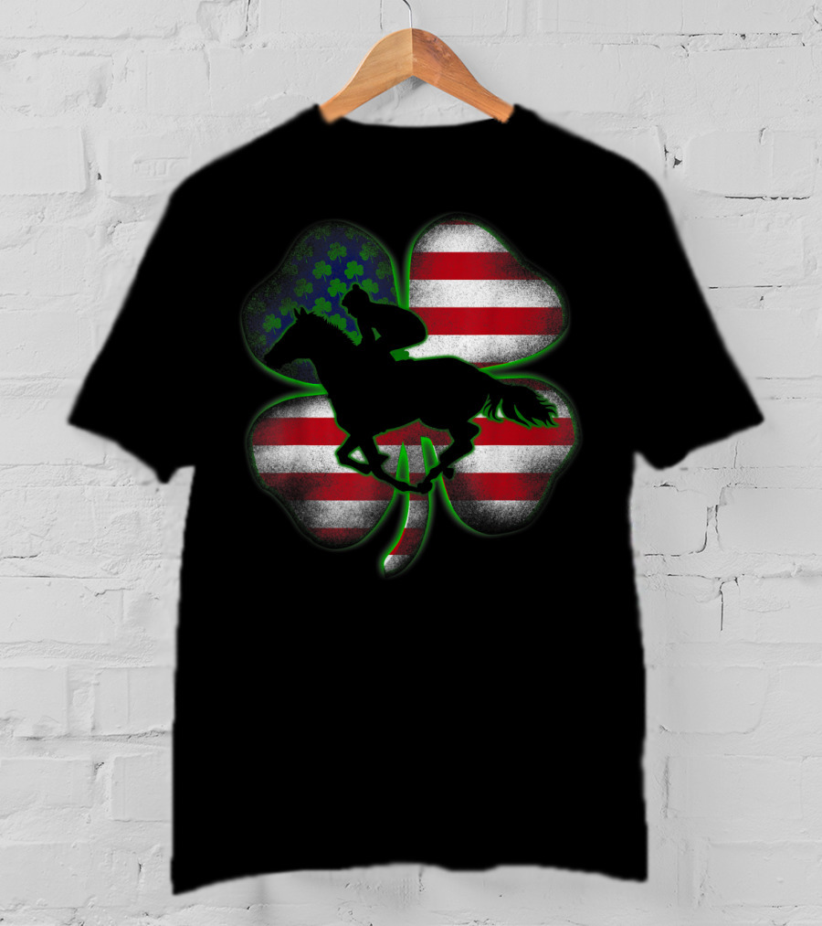 Distressed Horse Racing Shamrocks American Flag St 8W T-Shirt