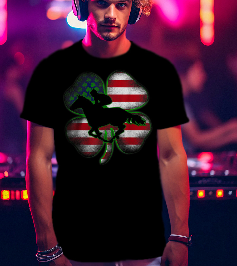 Distressed Horse Racing Shamrocks American Flag St 8W T-Shirt