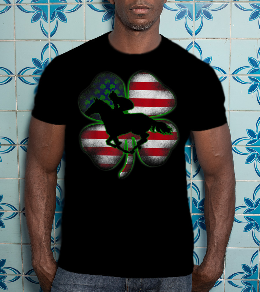 Distressed Horse Racing Shamrocks American Flag St 8W T-Shirt