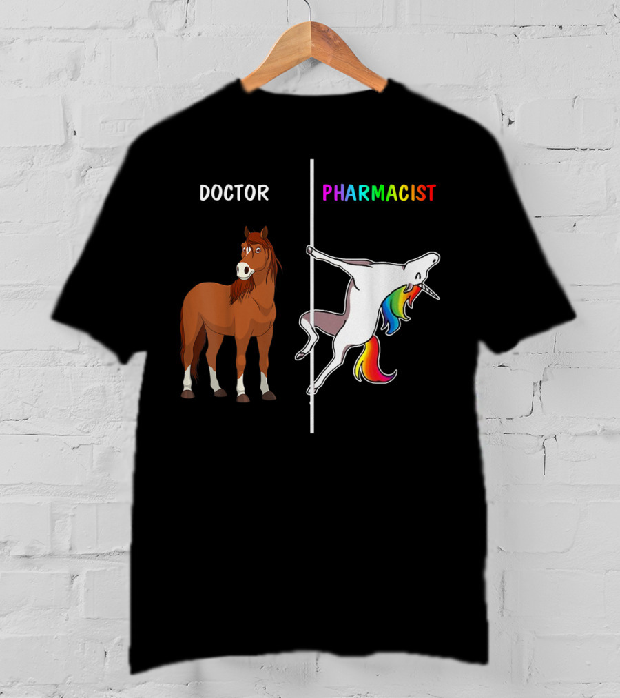 Doctor Horse Vs. Pharmacist Unicorn Rainbow Contrast T-Shirt