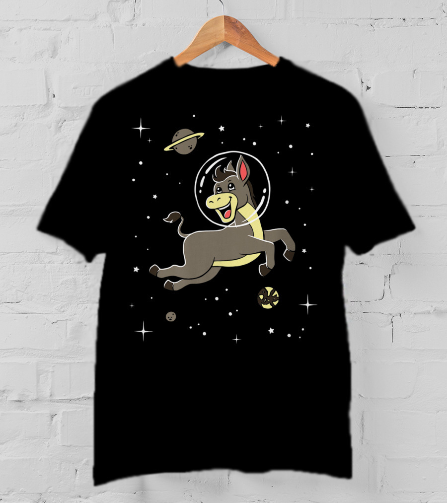 Space Adventure Cute Cartoon Donkey Horse With Astronaut Helmet T-Shirt