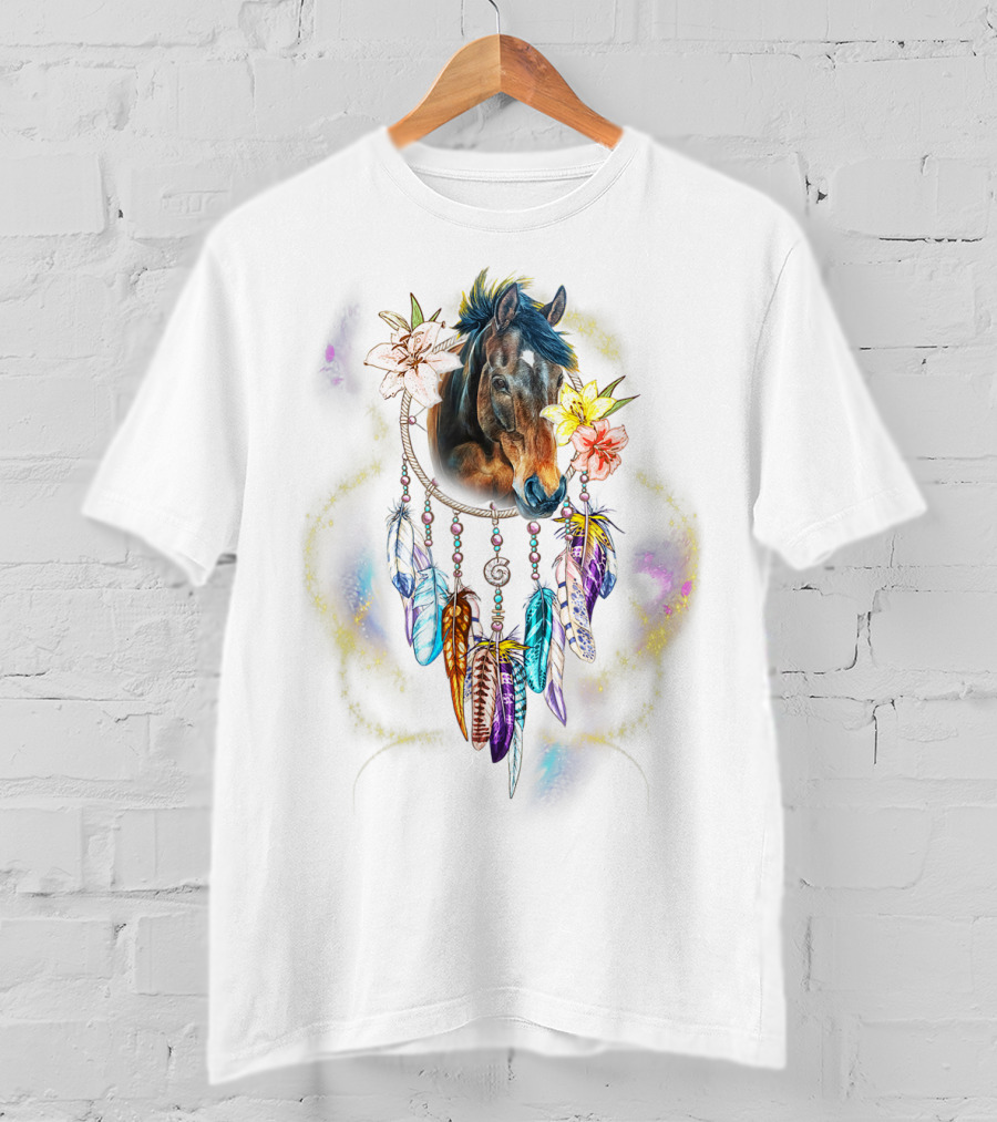 Dream Catcher Horse With Feathers And Flowers For Animal Lovers T-Shirt