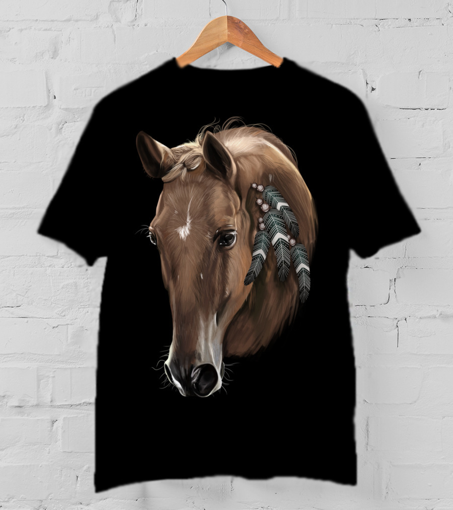 Cute Brown Tribal Horse With Feather Adornments T-Shirt