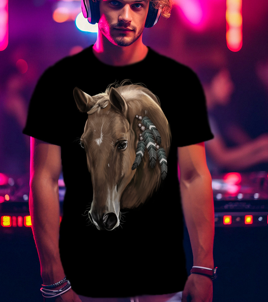 Cute Brown Tribal Horse With Feather Adornments T-Shirt