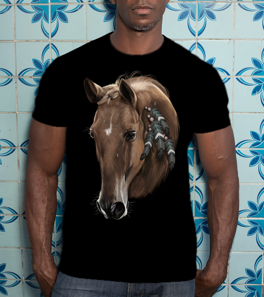Cute Brown Tribal Horse With Feather Adornments T-Shirt