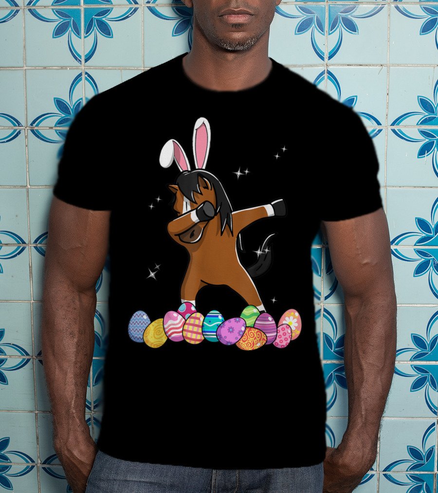 Dabbing Horse With Bunny Ears And Colorful Easter Eggs T-Shirt