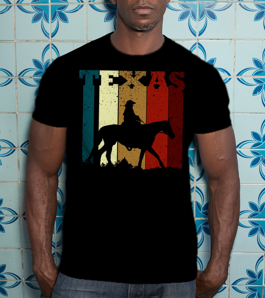 Texas Vintage Cowboy Horse Silhouette Distressed Stripes T-Shirt