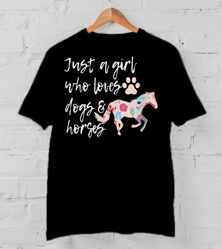 Just A Girl Who Loves Dogs And Horses Floral Horse Paw Prints T-Shirt
