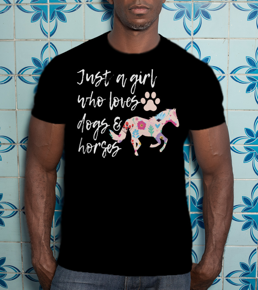 Just A Girl Who Loves Dogs And Horses Floral Horse Paw Prints T-Shirt