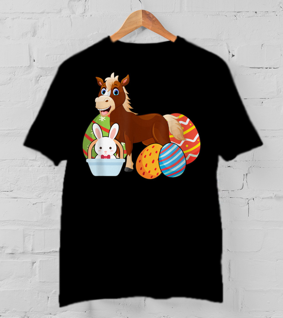 Funny Easter Horse Bunny With Colorful Eggs Happy Easter T-Shirt