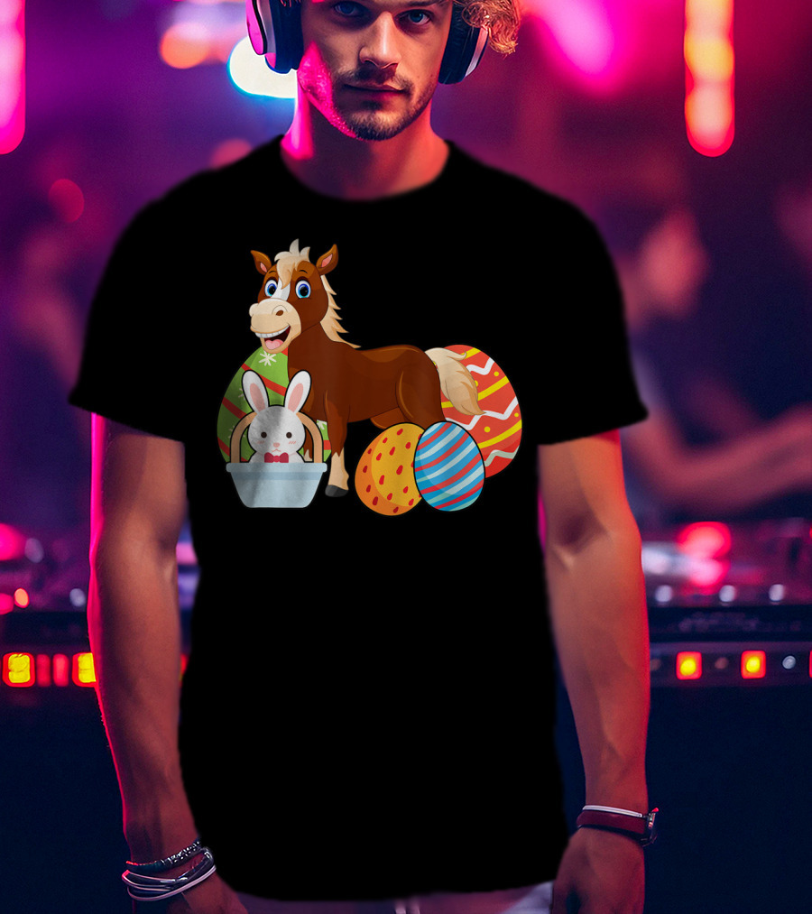 Funny Easter Horse Bunny With Colorful Eggs Happy Easter T-Shirt