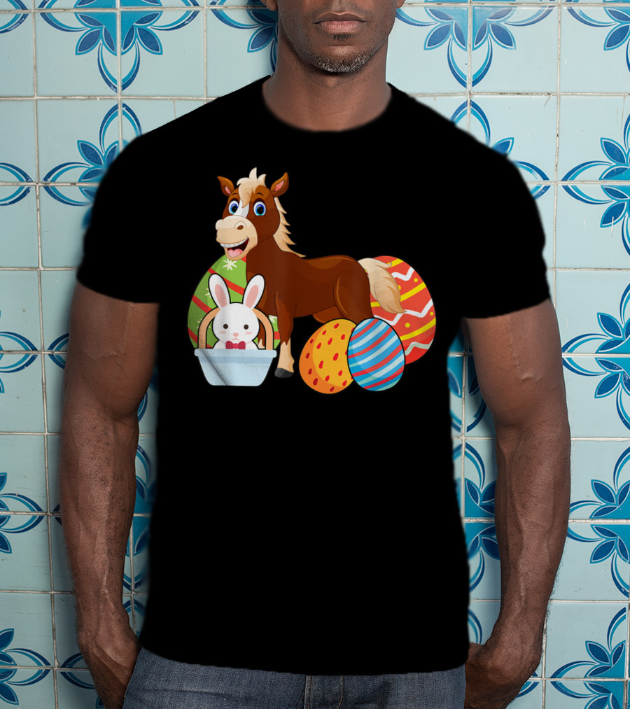 Funny Easter Horse Bunny With Colorful Eggs Happy Easter T-Shirt