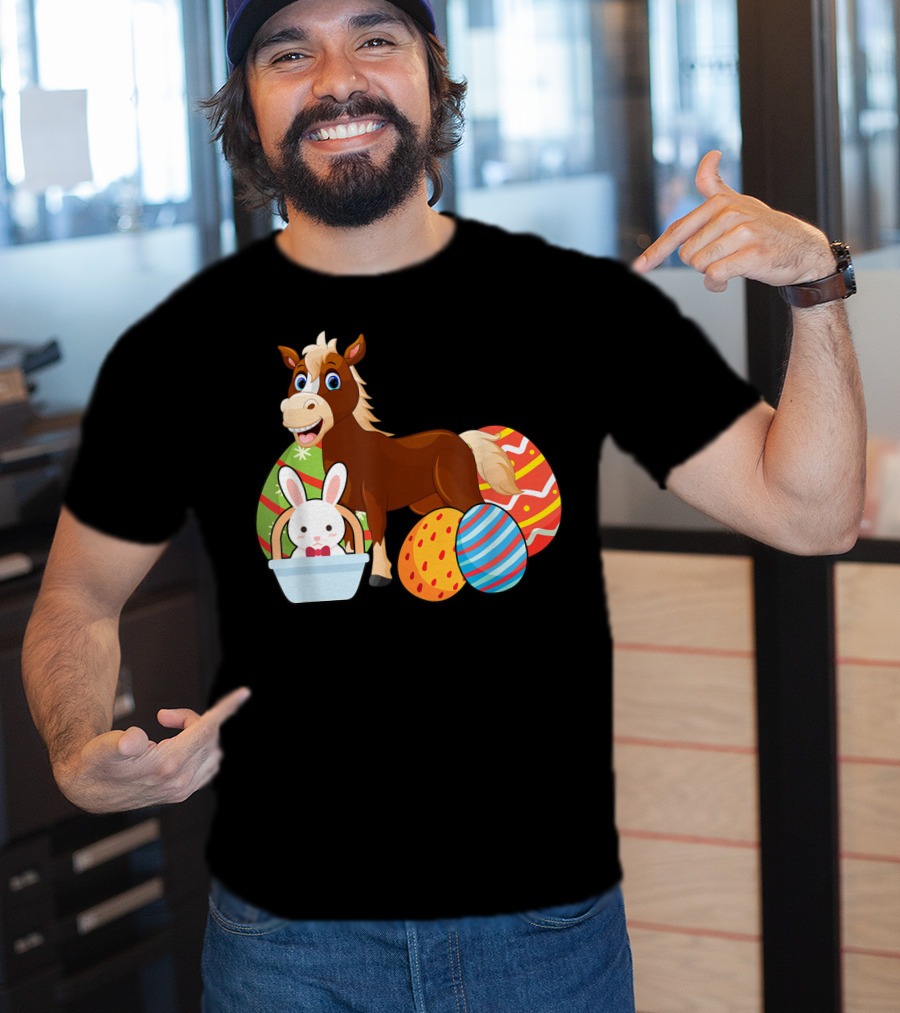 Funny Easter Horse Bunny With Colorful Eggs Happy Easter T-Shirt