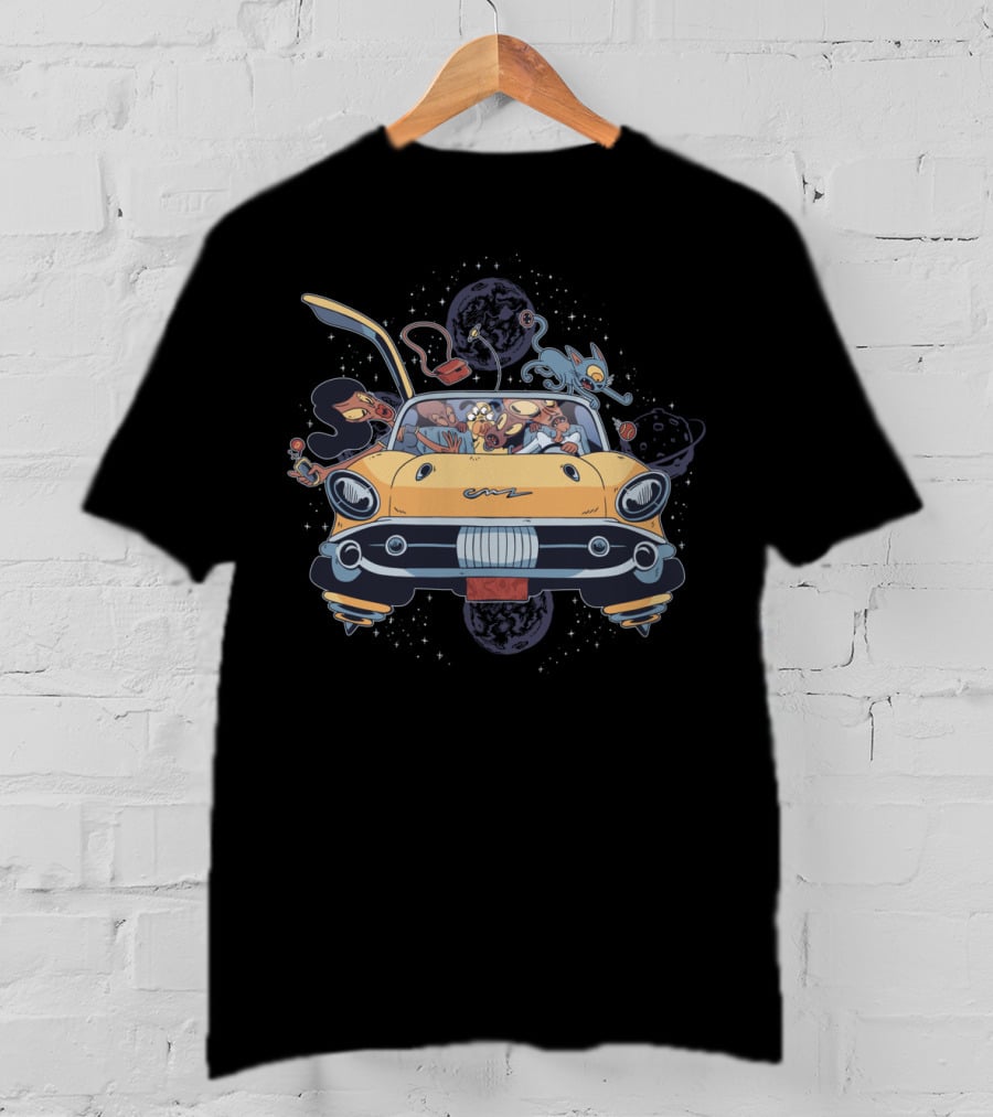 90s Alien Head Extraterrestrial Family In Classic Car With Space Creatures T-Shirt