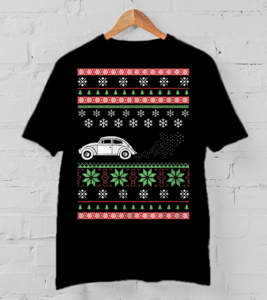 Classic Car Ugly Christmas Sweater Style Snowflakes And Trees T-Shirt