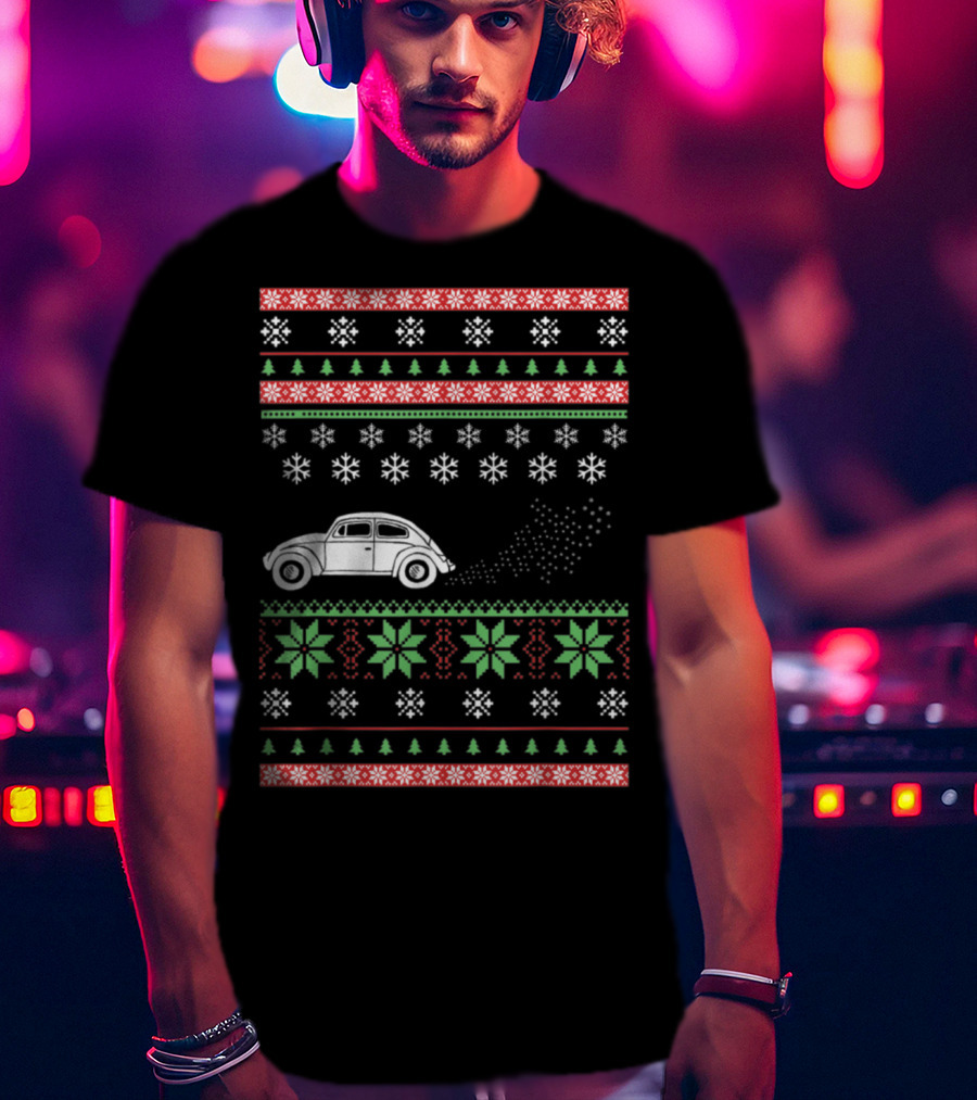 Classic Car Ugly Christmas Sweater Style Snowflakes And Trees T-Shirt