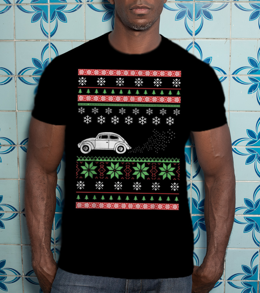 Classic Car Ugly Christmas Sweater Style Snowflakes And Trees T-Shirt