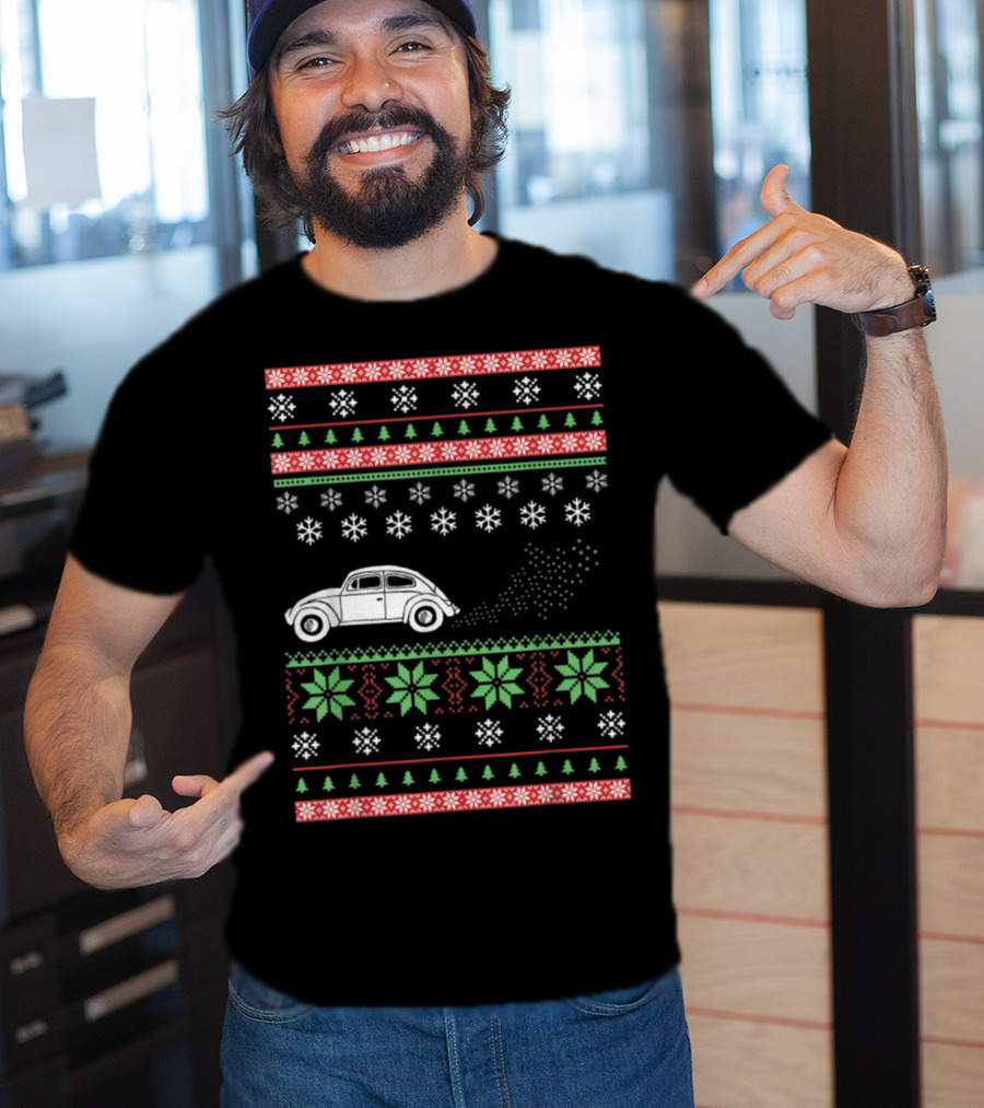Classic Car Ugly Christmas Sweater Style Snowflakes And Trees T-Shirt
