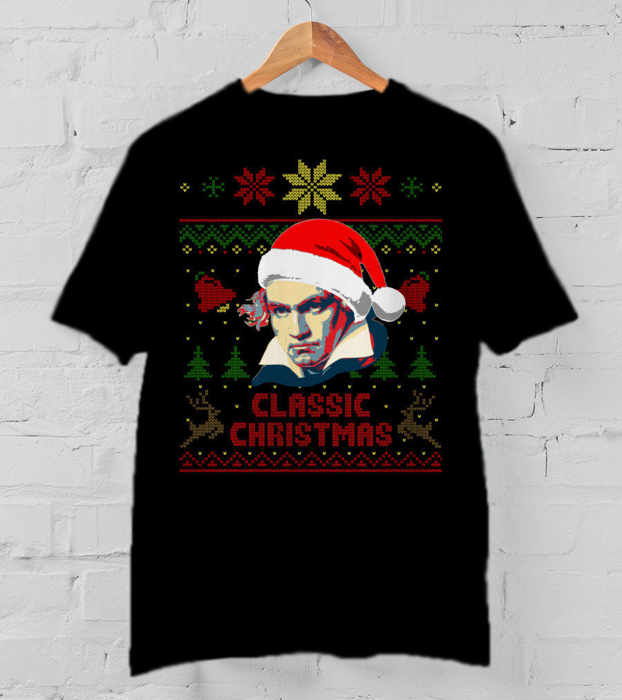 Classic Christmas Beethoven Santa Hat Reindeer Snowflakes T-Shirt