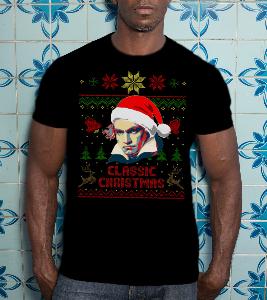 Classic Christmas Beethoven Santa Hat Reindeer Snowflakes T-Shirt