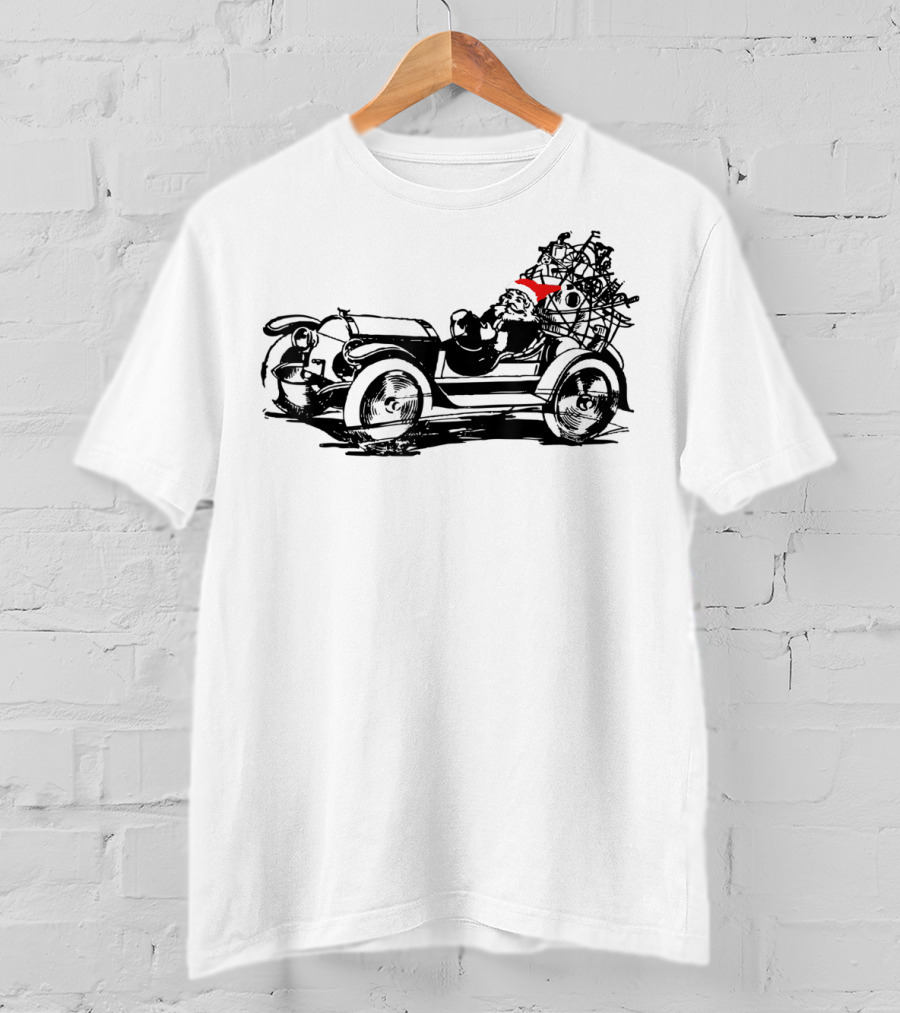Santa Driving Vintage Car With Christmas Tree Load T-Shirt