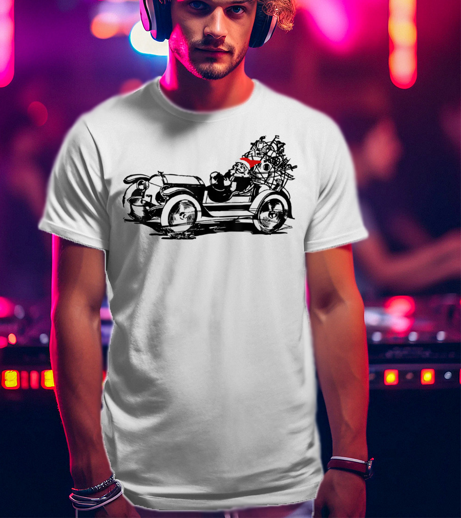 Santa Driving Vintage Car With Christmas Tree Load T-Shirt