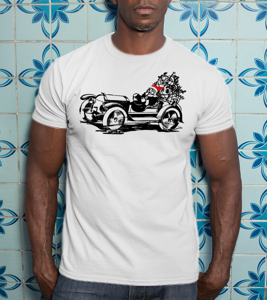 Santa Driving Vintage Car With Christmas Tree Load T-Shirt