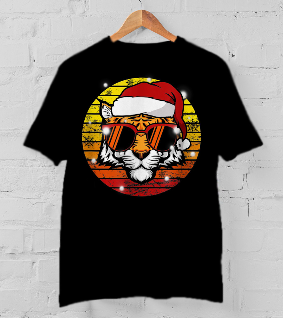 Christmas Tiger Wearing Vintage Santa Hat With Retro Sunglasses T-Shirt
