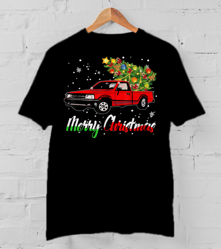 Merry Christmas Classic Old Red Truck With Christmas Tree And Snowflakes T-Shirt