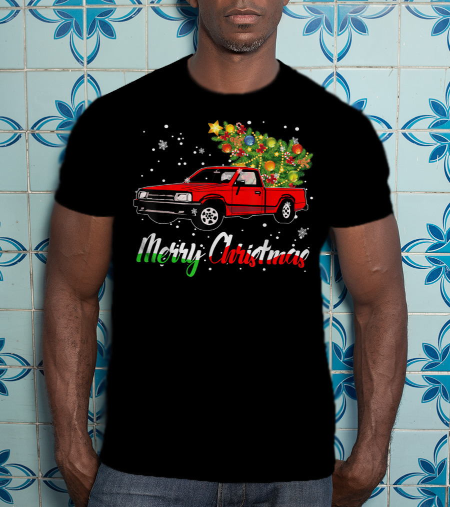 Merry Christmas Classic Old Red Truck With Christmas Tree And Snowflakes T-Shirt