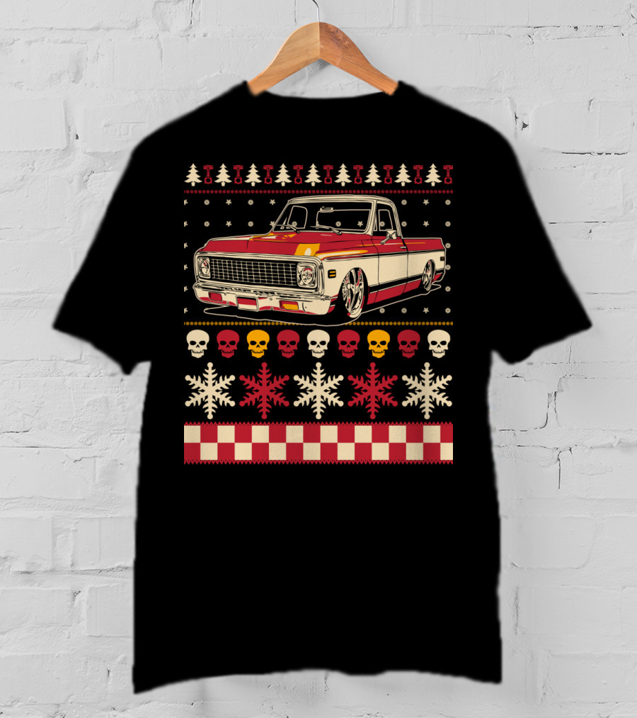 Classic Antique Pickup Truck Ugly Christmas Sweater Skulls Snowflakes T-Shirt