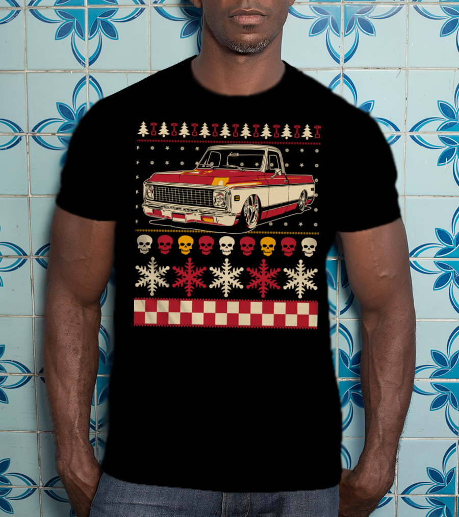 Classic Antique Pickup Truck Ugly Christmas Sweater Skulls Snowflakes T-Shirt