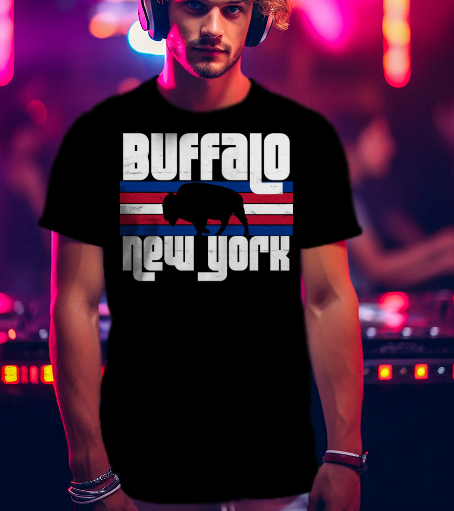 Buffalo New York Bison Silhouette Retro Stripes T-Shirt