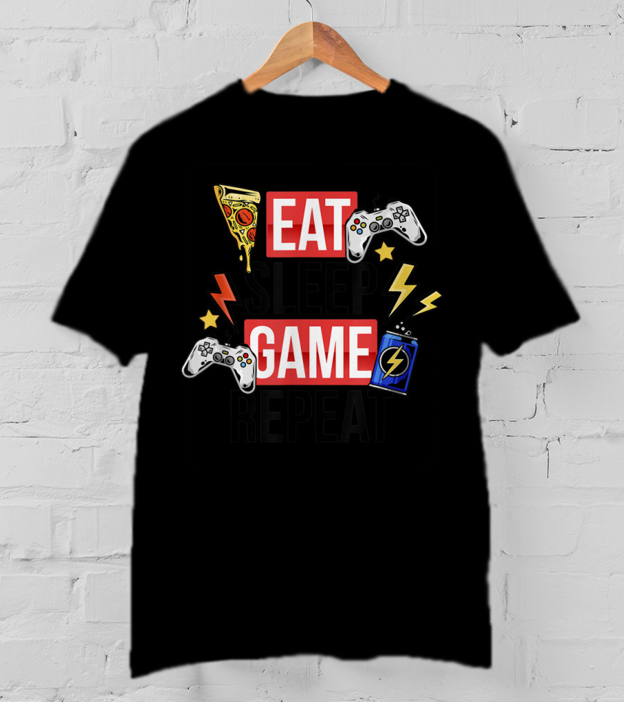 EAT SLEEP GAME REPEAT Pizza Controllers Lightning Energy T-Shirt
