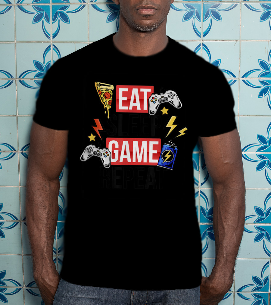 EAT SLEEP GAME REPEAT Pizza Controllers Lightning Energy T-Shirt