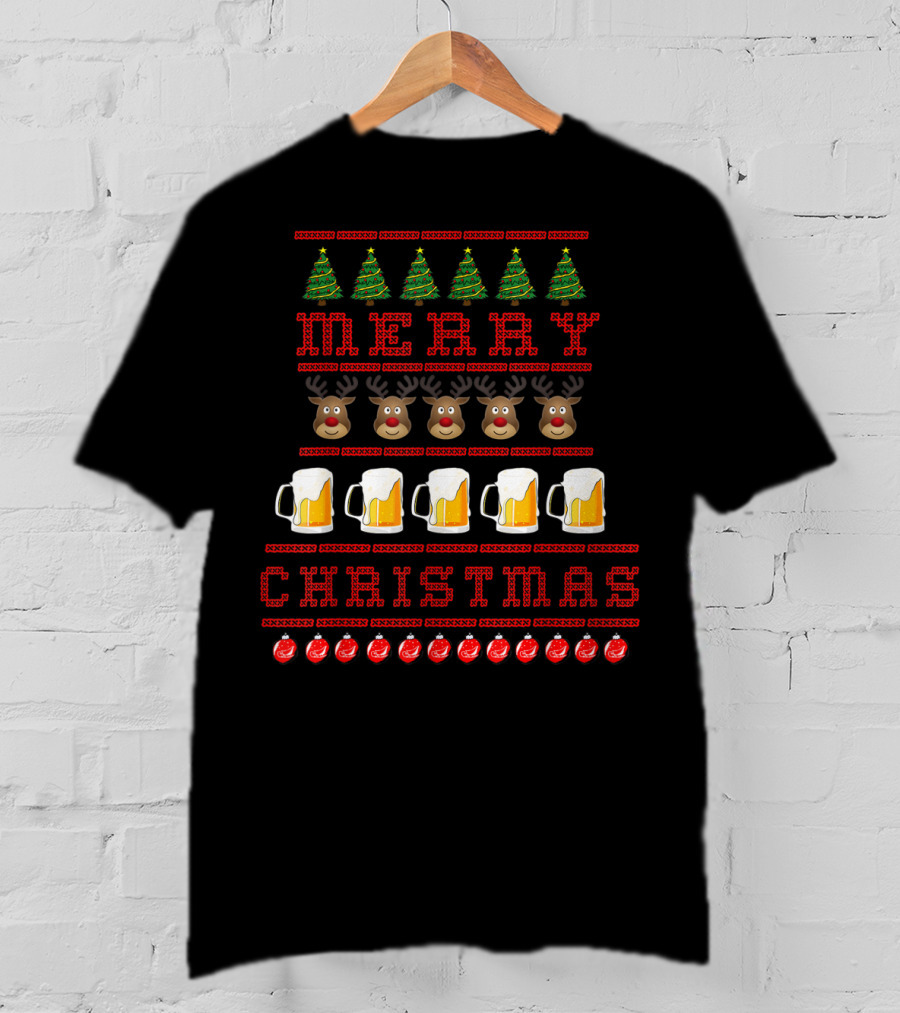 Merry Christmas Reindeer Beer Festive Ugly T-Shirt