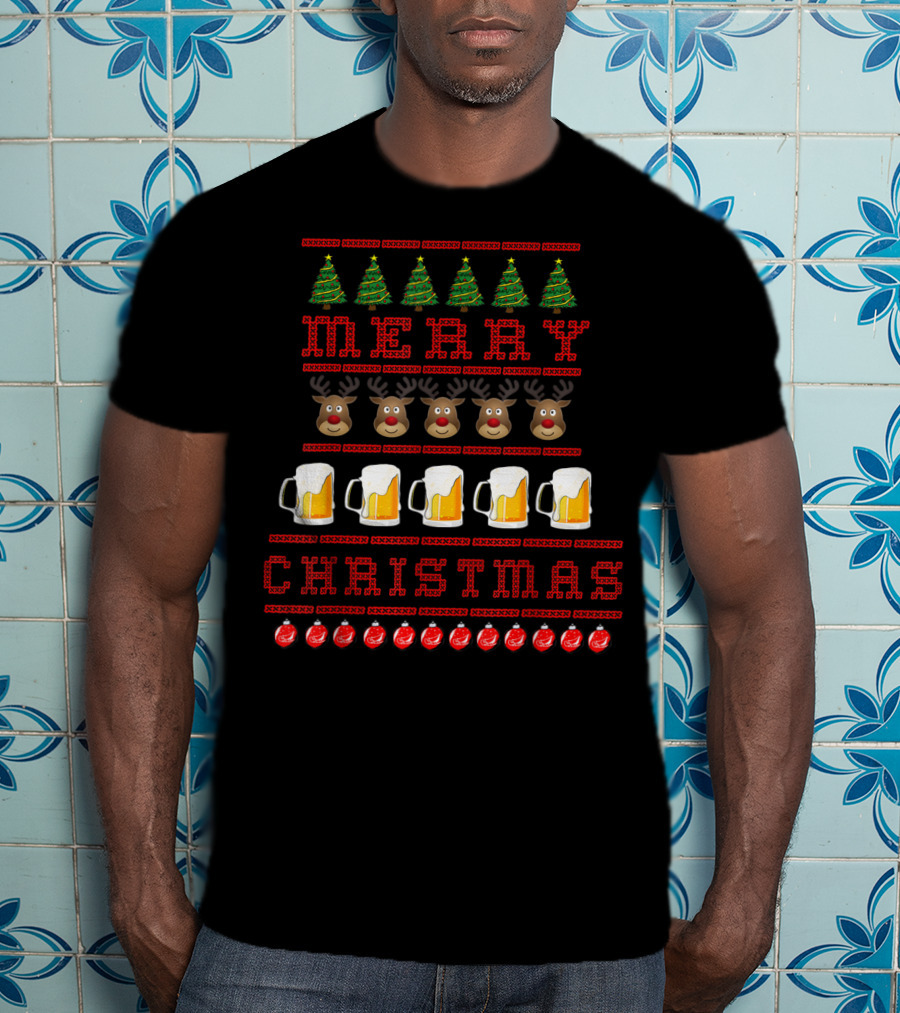 Merry Christmas Reindeer Beer Festive Ugly T-Shirt