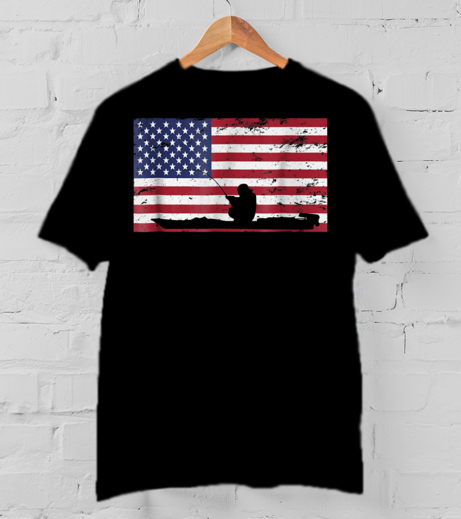 Kayak Fishing Silhouette On Distressed American Flag T-Shirt